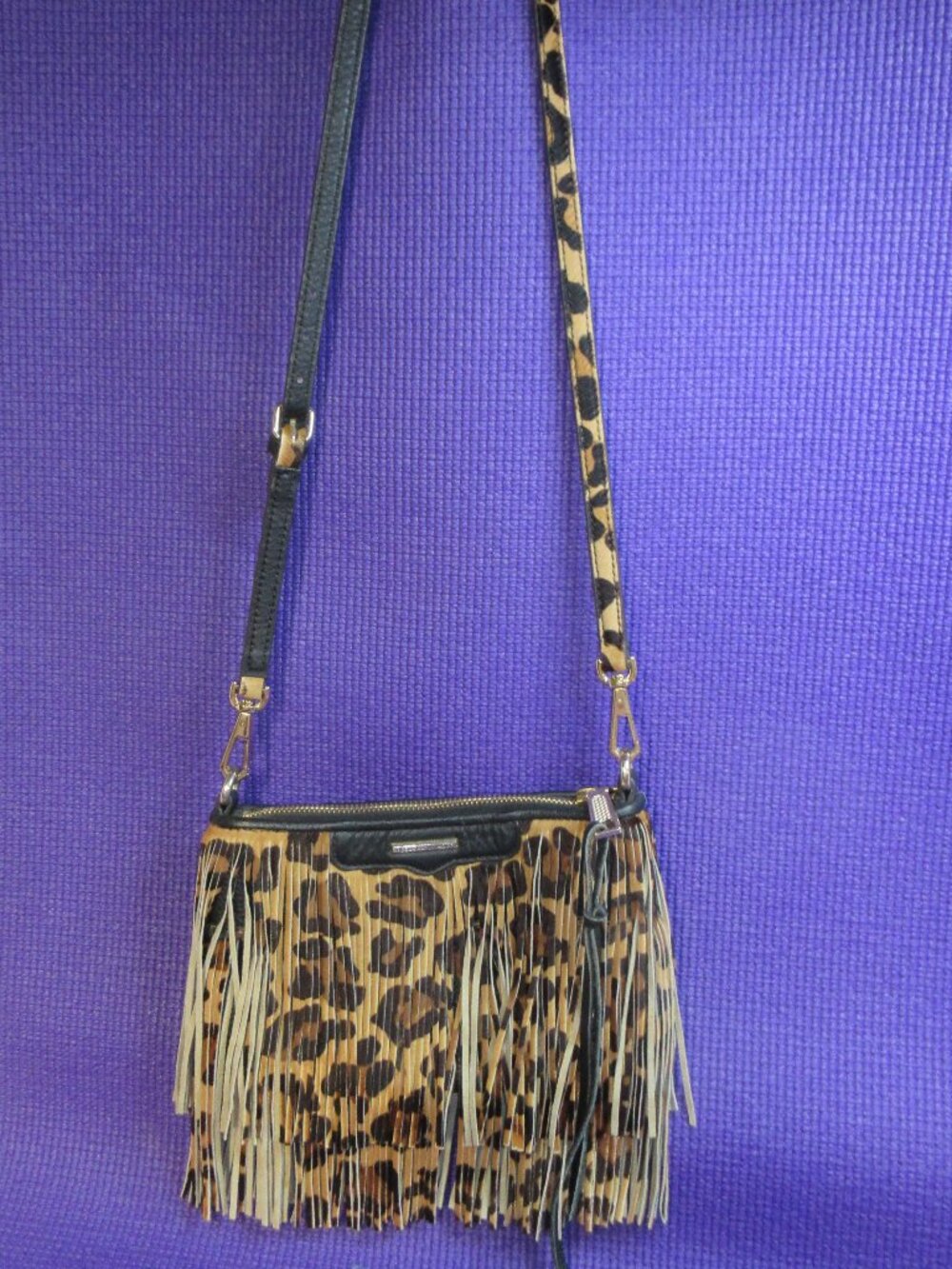 REBECCA MINKOFF~"FINN" LEOPARD PRINTED FRINGE OVER BLACK LEATHER CROSSBODY BAG - Picture 1 of 10